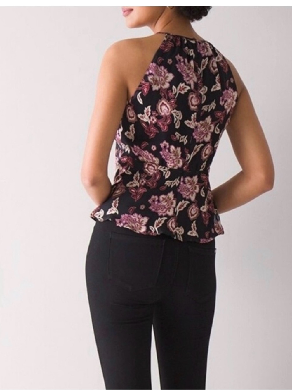 White House Black Market Black Silk Burnout Floral Halter Neck Top - Picture 3 of 13